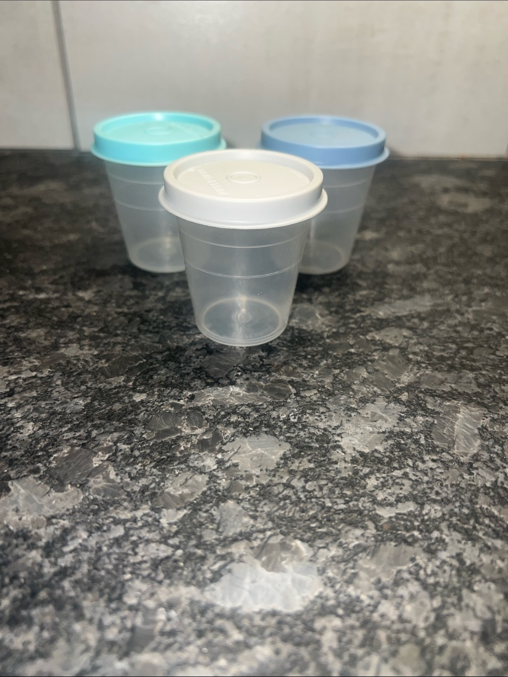 3 Tupperware Midgits  Food Storage Cups with Lids - White, Light Blue, Mint